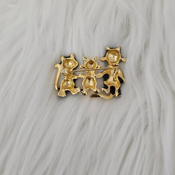 Vintage Trio Cat Pin Gold & Black Kitten Family Brooch - Picture 2 of 4